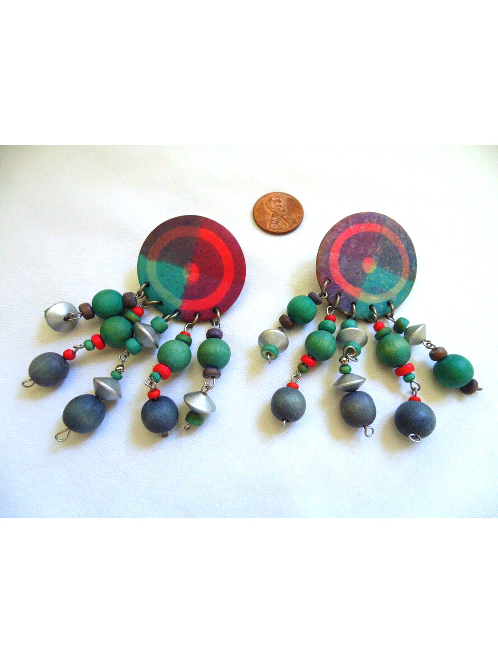 Vtg 80s Boho Chic Big Painted Wooden 3" Drop Dangle Pierced Earrings Pink Blue